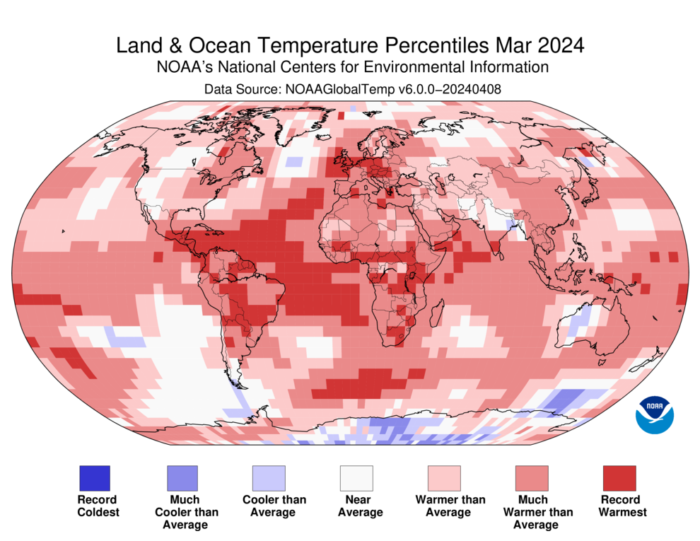 2024년 3월 전 지구 평균기온 백분위. 자료 : NOAA