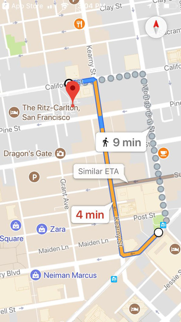 맛집과 쇼핑 장소로 유명해 관광객 필수코스인 몽고메리 스테이션에서 공원까지 걸어서 5분도 안되는 거리…‘역세권’ 임을 보여주는 구글 맵. 꼭 한번 들렀다 가시길…