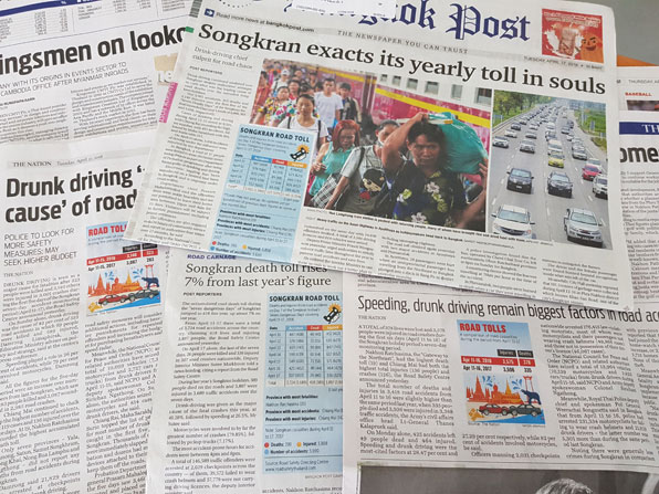 태국 언론들은 송끄란 기간 7일 동안의 교통사고를 집계해 매일 중계방송하듯 과거 통계와 비교하며 보도한다
