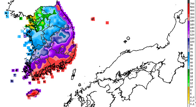 장마 기간 전국 누적 강수량
