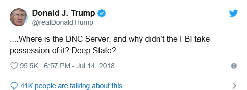 트럼프 대통령이 지난해 초 올린 트윗. 당시 트윗에서 트럼프는 “DNC 서버는 어디에 있는가? 왜 FBI는 서버를 확보하지 않았나? 딥스테이트?”라고 적었다 