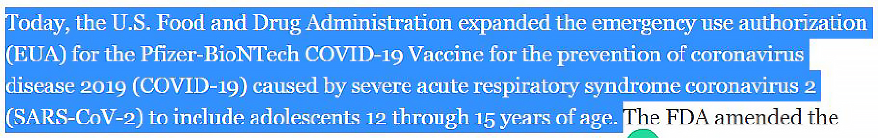  미국식품의약국(FDA) 홈페이지_2021년 5월 10일, 12~15세를 대상으로 화이자 백신 긴급사용을 승인했다.