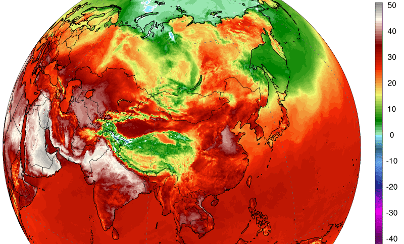 6월 20일 최고기온 분포. 자료 : climatereanalyzer