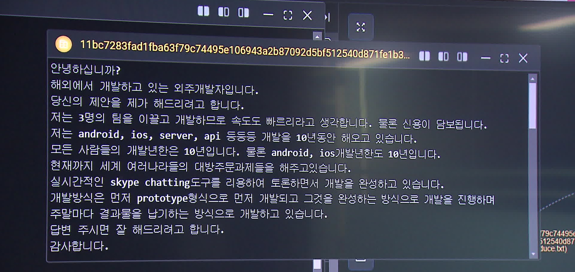 북한 IT 개발자의 ‘자기 소개’. KBS는 ‘다크웹’에 게시된 해당 개발자의 PC 저장 자료를 입수했다.