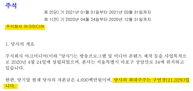 아크미디어의 2021년 감사보고서. 최대주주가 구연경 대표라고 밝히고 있다.