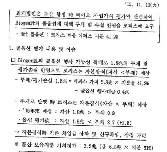 삼성바이오로직스 재경팀 내부 문건 （2015년 11월 10일）
