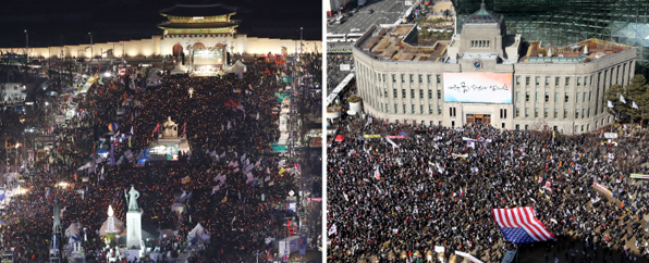 지난 11일, 광화문광장의 촛불 집회(왼쪽)와 서울광장의 태극기 집회(오른쪽)