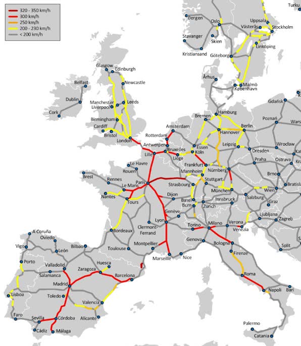 유럽 고속철도 망, 적색으로 표시된 구간이 가장 빠르다.   자료: 위키피디아 