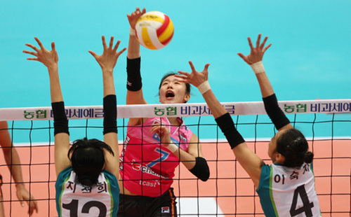 10일 오후 인천 도원체육관에서 열린 여자 프로배구 흥국생명-GS칼텍스 경기에서 흥국생명 김혜진이 스파이크를 날리고 있다.