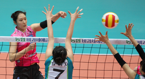 10일 오후 인천 도원체육관에서 열린 여자 프로배구 흥국생명-GS칼텍스 경기에서 흥국생명 황연주가 강스파이크를 날리고 있다.