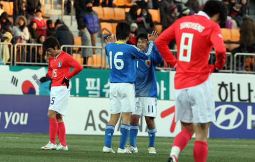 19일 오후 경남 창원축구센터에서 열린 한국과 일본 올림픽 축구대표팀의 친선경기에서 한국 김동희(오른쪽) 선수가 슛한 뒤 아쉬워하고 있다.