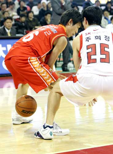 12일 오후 서울 잠실학생체육관에서 열린 2009-2010 KCC 프로농구 서울 SK-울산 모비스 경기에서 모비스 양동근이 SK 주희정의 수비에 공을 놓치고 있다. 이 날 모비스는 SK를 78대 59로 이겼다.