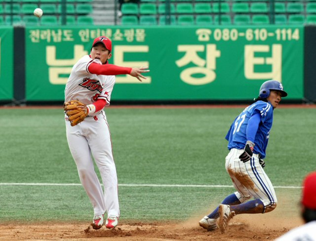 7일 광주 무등경기장에서 벌어진 프로야구 시범경기 KIA 타이거즈와 삼성 라이온즈의 경기에서 3회초 1사 1루때 삼성 박진만의 내야땅볼로 이영옥이 2루에서 아웃되고 있다.
