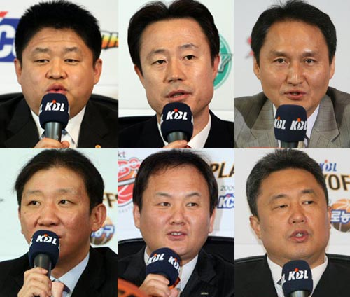 8일 서울 논현동 KBL센터에서 열린 2009-2010 KBL 플레이오프 미디어데이 행사에서 (왼쪽부터)강동희 동부 감독,  강을준 LG 감독,  안준호 삼성 감독, 허재 KCC 감독,  유재학 모비스 감독, 전창진 KT 감독이 우승컵을 향한 출사표를 던지고 있다.