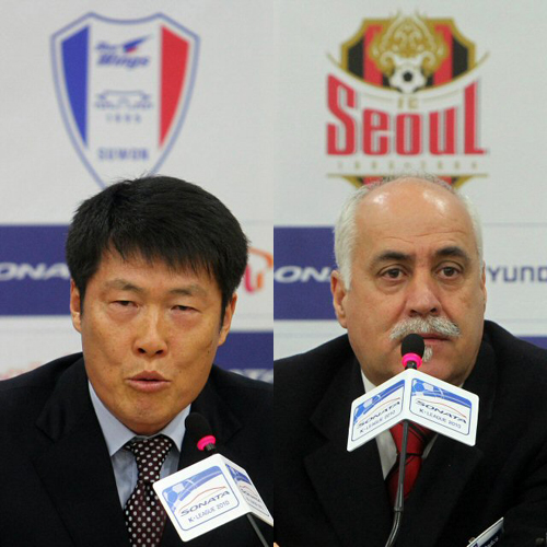 오는 4일 서울 월드컵 경기장에서 라이벌 경기를 앞둔 수원삼성 차범근 감독과, FC서울 넬로 빙가다 감독이 2일 서울 축구회관에서 열린 기자회견에 참석해  질문에 답하고 있다.