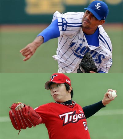 11일 대구시민운동장에서 열린 2010 프로야구 삼성 라이온즈-기아 타이거즈 경기, 삼성 선발투수 크루세타(사진 위)와 기아 선발투수 양현종이 역투하고 있다.