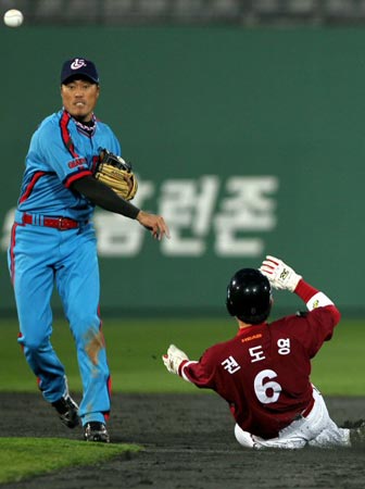 28일 부산 사직야구장에서 열린 2010 프로야구 롯데 자이언츠-넥센 히어로즈 경기, 롯데 조성환이 넥센 유한준의 내야 땅볼 때 더블플레이를 위해 1루로 송구하고 있다.