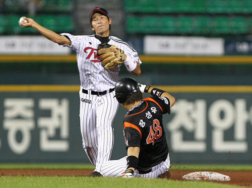 9일 오후 서울 잠실야구장에서 열린 2010 프로야구 LG와 롯데의 경기 3회초 1사 주자1루 상황에서 1루 주자 롯데 장성우가 2루에서 아웃되고 있다.