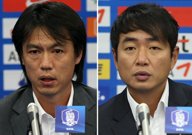 홍명보(왼쪽) 올림픽대표팀 감독과 최인철 여자대표팀 감독이 17일 오후 서울 종로구 신문로 축구회관에서 광저우 아시안게임에 참가할 국가대표 선수(남자 20명, 여자 18명)를 각각 확정해 발표하고 있다.