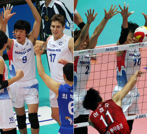 5일 오후 인천 도원시립체육관에서 열린 프로배구 인천개막전에서 LIG를 3-1로 누르고 시즌 첫승은 거둔 대한항공 선수들이 환호하고 있다. (사진 왼쪽) 대한항공 한선수와 이영택이 LIG 이경수의 오른손 스파이크를 블로킹하고 있다.