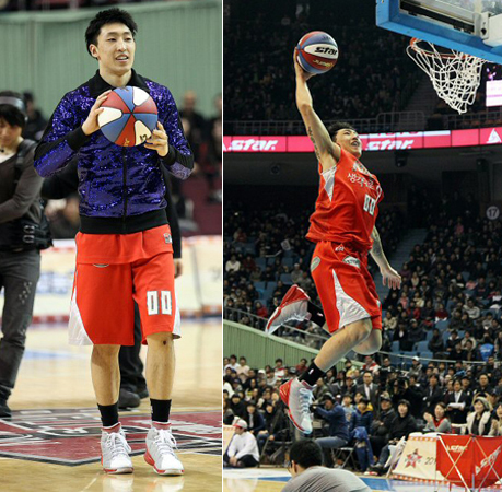 30일 오후 서울 송파구 잠실동 잠실실내체육관에서 열린 2011 현대모비스 프로농구 올스타전 매직팀-드림팀 경기, 김경언이 드라마 ‘시크릿가든’에서 현빈이 입었던 의상을 입은 채 덩크슛콘테스트를 준비하고 있다.