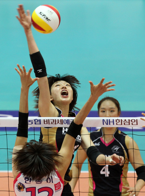 9일 수원실내체육관에서 벌어진 NH 농협 2010-2011 프로배구 V리그 여자부 흥국생명과 현대건설의 경기에서 현대건설 양효진(뒤)이 흥국생명 한송이의 블로킹을 앞에 두고 스파이크를 날리고 있다.