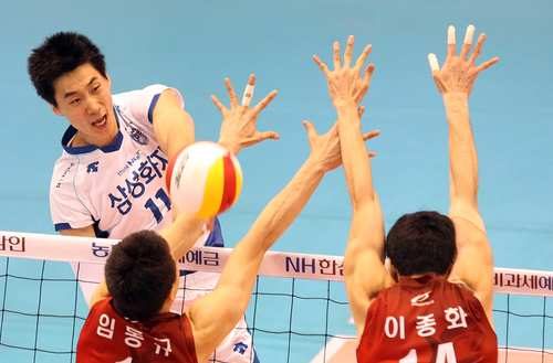 21일 대전 충무체육관에서 열린 남자프로배구 삼성화재와 LIG손해보험의 경기. 삼성화재 박철우가 강 스파이크를 날리고 있다.