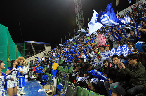 25일 오후 대구시민운동장에서 열린 프로야구 한국시리즈 1차전 삼성과 SK의 경기에서 삼성팬들이 열띤 응원을 펼치고 있다.