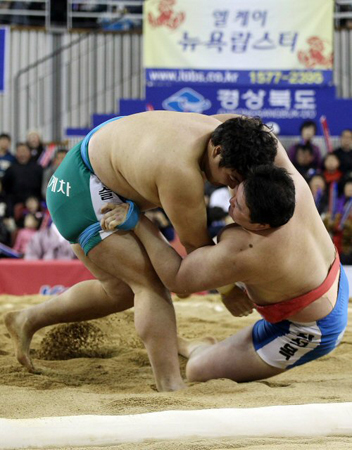 27일 오후 김천실내체육관에서 열린 2011 천하장사 씨름대축제 천하장사 결정전,  이슬기(왼쪽)가 세번째 판에서 동작구청 장성복을 넘어트리고 있다.