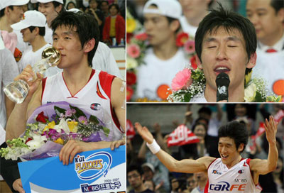 1일 울산 동천체육관에서 열린 2006-2007 현대모비스 프로농구 챔피언결정전 7차전 울산 모비스와 부산 KTF의 경기에서 MVP를 차지한 양동근이 골망을 자른 뒤 기뻐하고 있다. 