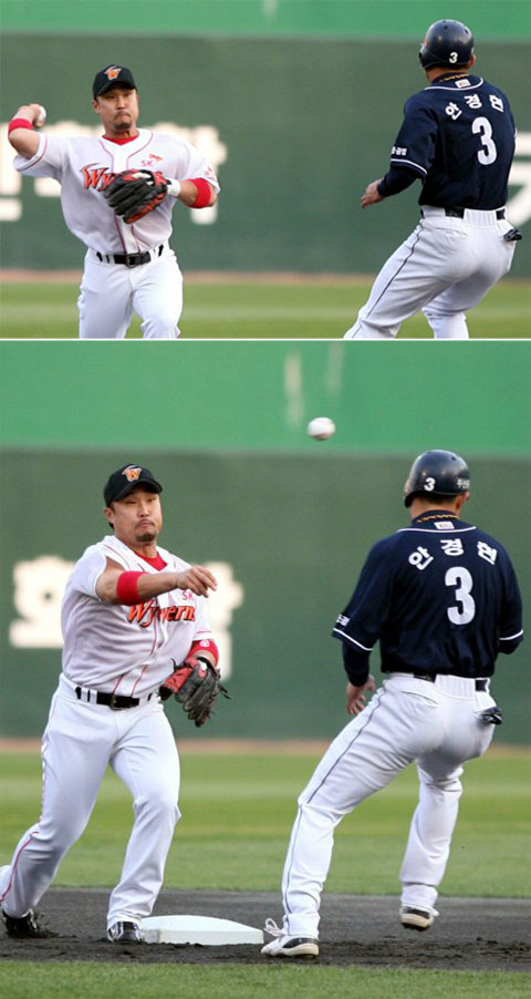 2일 인천 문학구장에서 열린 프로야구 두산 대 SK 경기.1회초 1사 1루에서 두산 안경현이 김동주의 땅볼로 아웃되고 있다. 
