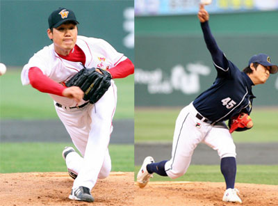 3일 오후 인천 문학경기장에서 열린 SK-두산 경기에서 SK 선발투수 이영욱-두산 선발투수 구자운이 역투를 하고 있다. 