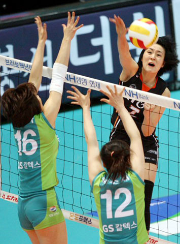 5일 인천 도원체육관에서 열린 NH농협 2007-2008 V-리그 여자부 7라운드 KT&G 대 GS 칼텍스와의 경기에서 KT&G 박경낭이 GS 배유나와 곽소희의 블로킹 속에 스파이크를 하고 있다. 