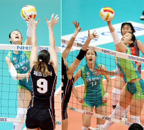 5일 인천 도원체육관에서 열린 NH농협 2007-2008 V-리그 여자부 7라운드 KT&G 대 GS 칼텍스와의 경기에서 GS 나혜원이 KT&G 페르난다의 블로킹 속에 스파이크를 하고 있다.(왼쪽)

5일 인천 도원체육관에서 열린 NH농협 2007-2008 V-리그 여자부 7라운드 KT&G 대 GS 칼텍스와의 경기에서 GS 나혜원이 KT&G 지정희의 블로킹 속에 밀어넣기를 하고 있다.(오른쪽) 