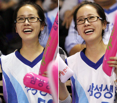 14일 드라마 이산의 여주인공 한지민씨가 용인실내체육관에서 벌어진 여자 프로농구 금호생명과 삼성생명의 플레이오프 4차전을 보며 열띤 응원을 보내고 있다. 
