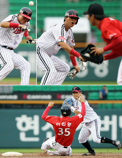 1일 서울 잠실야구장에서 열린 프로야구 LG트윈스 대 SK와이번스의 경기 2회말 주자 1,2루 LG 박용근의 삼진아웃 때 협살에 걸린 김정민이 빠져나가기 위해 안간힘을 쓰고 있다.(위)

1일 오후 서울 잠실야구장에서 열린 프로야구 LG트윈스 대 SK와이번스의 경기 1회초 무사 SK 이진영의 타석 때 1루주자 정근우가 도루에 실패하고 있다.(아래) 