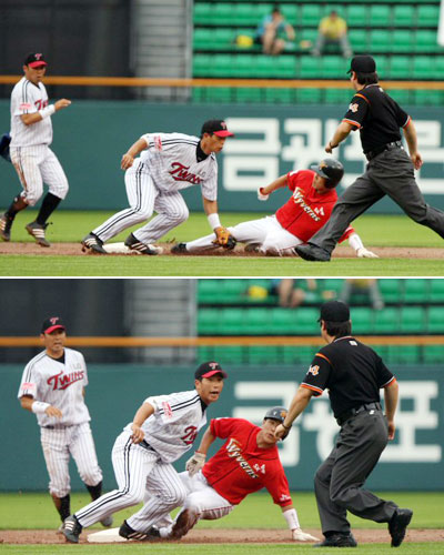 1일 오후 서울 잠실야구장에서 열린 프로야구 LG트윈스 대 SK와이번스의 경기 1회초 무사 SK 이진영의 타석 때 1루주자 정근우가 도루에 실패하고 있다. 