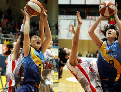 19일 경기도 구리실내체육관에서 열린 KB국민은행 2008∼2009 여자프로농구 구리 금호생명과 안산 신한은행의 경기에서 신한 정선민이 금호의 집중수비를 뚫고 슛을 하고 있다. 