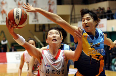 19일 경기도 구리실내체육관에서 열린 KB국민은행 2008∼2009 여자프로농구 구리 금호생명과 안산 신한은행의 경기에서 금호 정미란이 수비를 피해 슛을 하고 있다. 