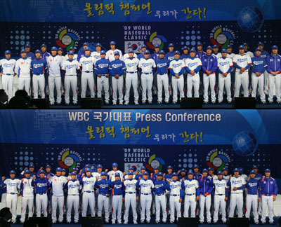   8일 오후 중구 장충동 신라호텔에서 열린 제2회 월드베이스볼클래식(WBC) 대표팀 출정식 및 유니폼 발표회에서 김인식 감독과 선수들이 포즈를 취하고 있다. 