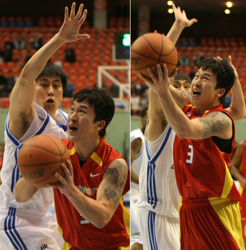   8일 서울 잠실체육관에서 열린 2008-2009 프로농구 서울 삼성과 대구 동양 오리온스와의 경기에서 오리온스의 김승현의 골밑 슛을 삼성 이상민이 방어하고 있다. 