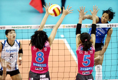 8일 구미 박정희체육관에서 열린 '08-'09 NH농협V리그 여자부 한국도로공사-흥국생명전에서 도로공사 밀라(17번)가 흥국생명 전민정(8번), 이효희(5번) 등의 블로킹을 피해 강스파이크를 날리고 있다. 