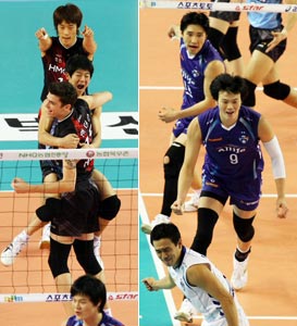 10일 오후 충남 천안 유관순체육관에서 열린 2008-2009 프로배구 현대캐피탈-삼성화재 경기에서 현대캐피탈(사진 왼쪽)과 삼성화재 선수들이 각각 득점에 성공한 후 환호하고 있다. 