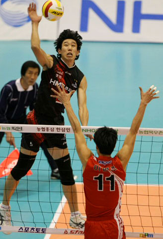 21일 서울 올림픽 제2체육관에서 열린 2008-2009 프로배구 V리그 현대캐피탈과 KEPCO 45와의 경기에서 현대의 후인정이 높은 타점의 스파이크를 성공하고 있다. 