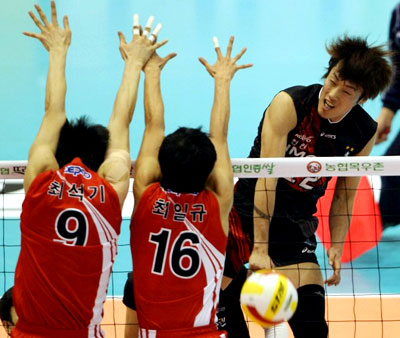21일 서울 올림픽 제2체육관에서 열린 2008-2009 프로배구 V리그 현대캐피탈과 KEPCO 45와의 경기에서 현대의 임시형이 상대 수비를 뚫고 공격에 성공하고 있다. 