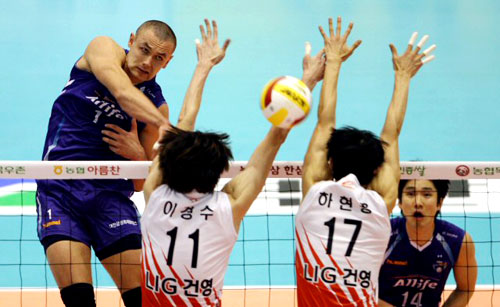 22일 올림픽공원에서 열린 2008 -2009 V리그 삼성화재와 LIG손해보험의 경기에서 삼성 안젤코가 공격을 성공시키고 있다. 이 날 삼성화재는 LIG를 3대 0으로 이겼다. 