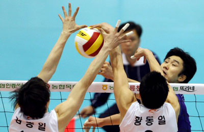 22일 올림픽공원에서 열린 2008 -2009 V리그 삼성화재와 LIG손해보험의 경기에서 삼성 석진욱이 공격을 시도하고 있다. 수비는 김종일과 황동일. 