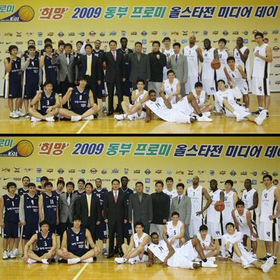 30일 서울 양재동 교육문화회관 체육관에서 열린 희망 2009 동부 프로미 올스타전 미디어데이에서 안준호 감독이 이끄는 매직팀(푸른색 유니폼)과 전창진 감독이 이끄는 드림팀이 파이팅을 외치고 있다. 