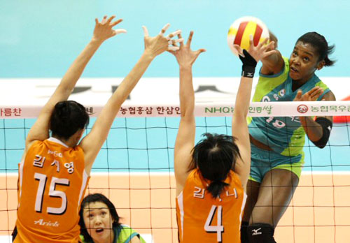 30일 서울 올림픽공원 제2체육관에서 열린 NH 농협 2008-2009 프로배구 V 리그 여자부 경기에서 GS 칼텍스의 데라크루즈가 KT&G를 상대로 강스파이크를 날리고 있다. 
