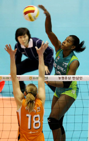 30일 서울 올림픽공원 제2체육관에서 열린 NH 농협 2008-2009 프로배구 V 리그 여자부 경기에서 GS 칼텍스의 데라크루즈가 KT&G를 상대로 강스파이크를 날리고 있다. 